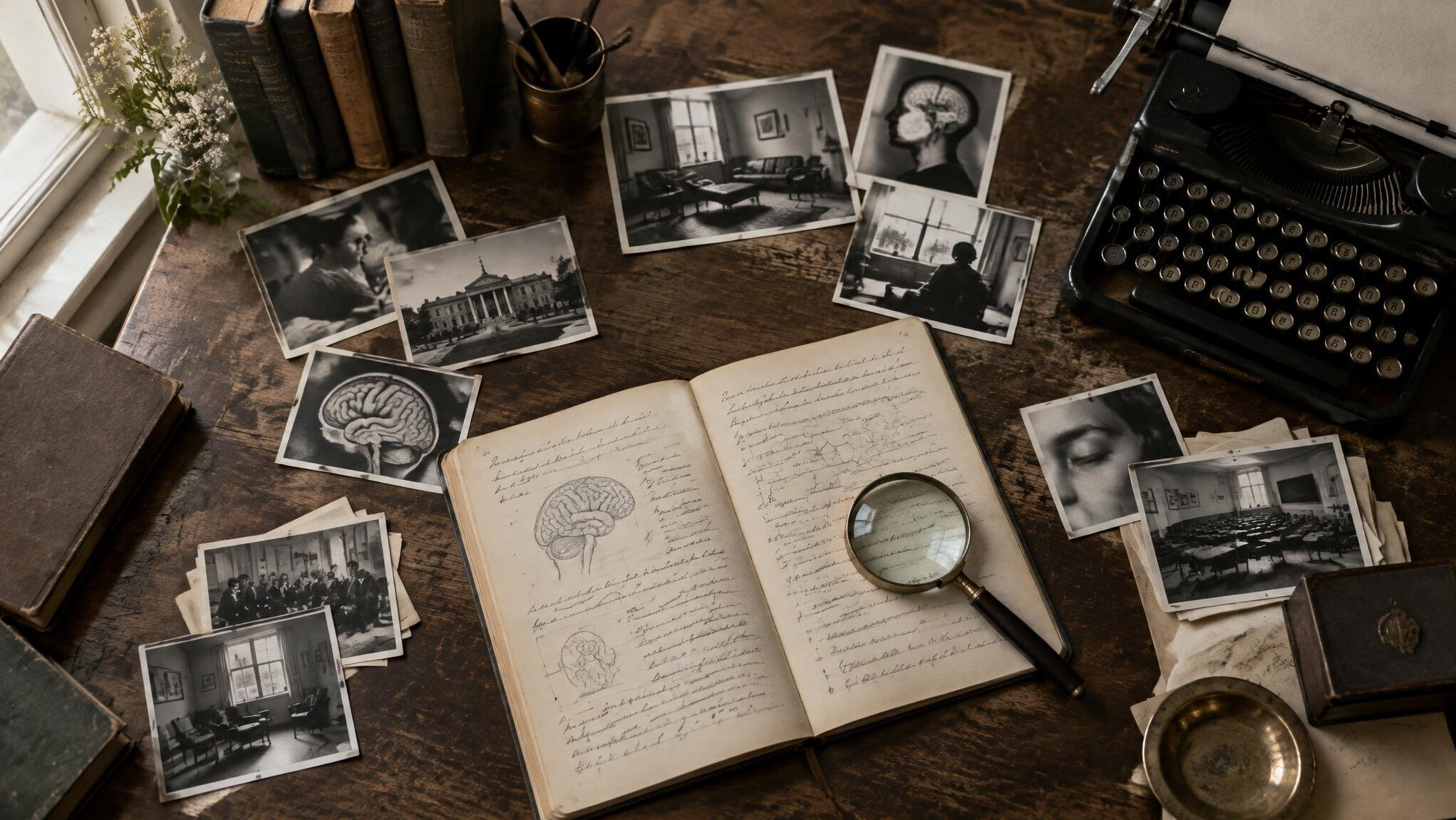 Antiker Schreibtisch mit archivierten Forschungsdokumenten und Fotografien